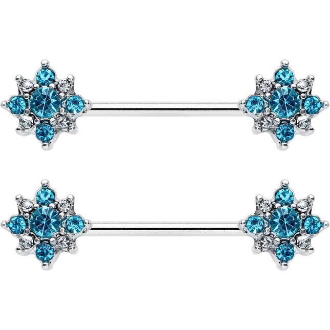 14G 9/16 Clear Blue Gem Opulent Flower Barbell Nipple Ring Set