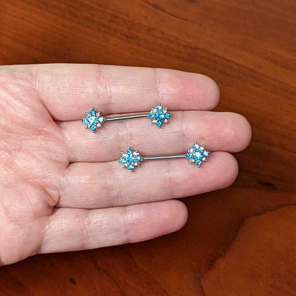 14G 9/16 Clear Blue Gem Opulent Flower Barbell Nipple Ring Set