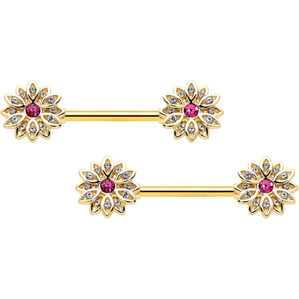 14G 9/16 Clear Pink Gem Gold Tone Starry Flower Nipple Ring Set