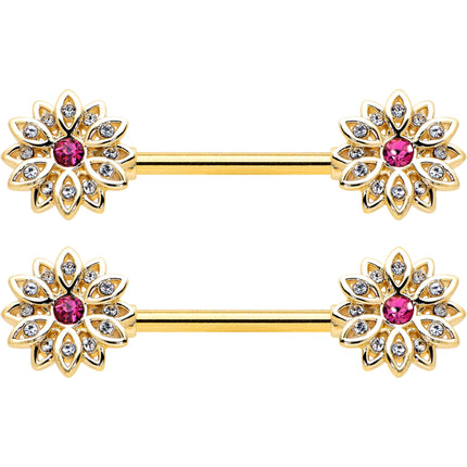 14G 9/16 Clear Pink Gem Gold Tone Starry Flower Nipple Ring Set