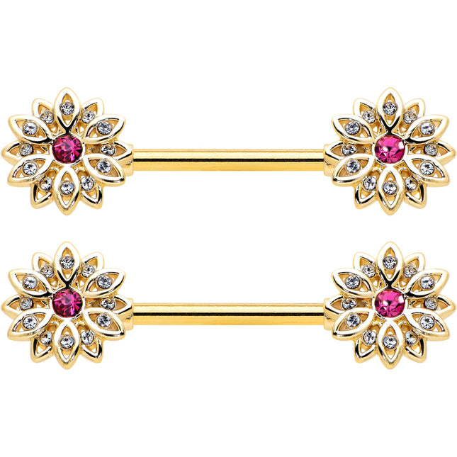 14G 9/16 Clear Pink Gem Gold Tone Starry Flower Nipple Ring Set