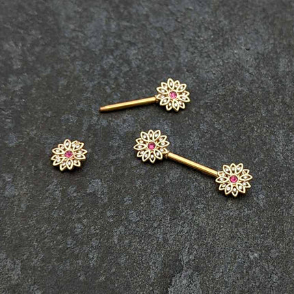 14G 9/16 Clear Pink Gem Gold Tone Starry Flower Nipple Ring Set