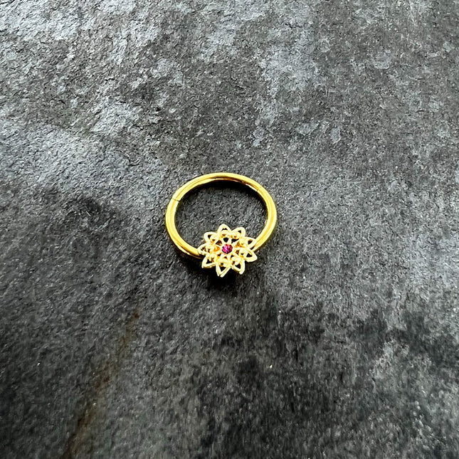 16G 3/8 Pink Gem Gold Tone Starry Flower Hinged Segment Ring