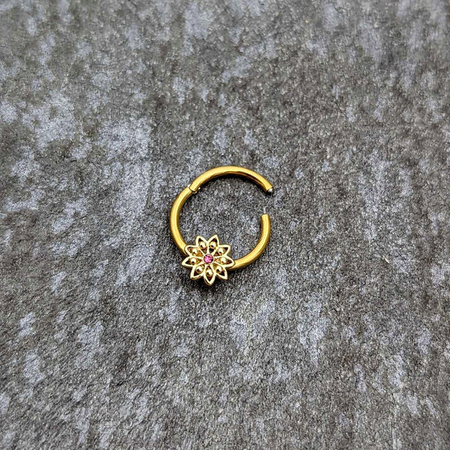 16G 3/8 Pink Gem Gold Tone Starry Flower Hinged Segment Ring
