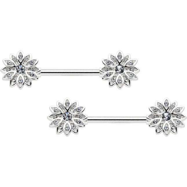 14G 9/16 Clear Gem Rococo Starry Flower Barbell Nipple Ring Set