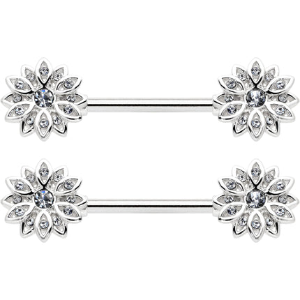 14G 9/16 Clear Gem Rococo Starry Flower Barbell Nipple Ring Set