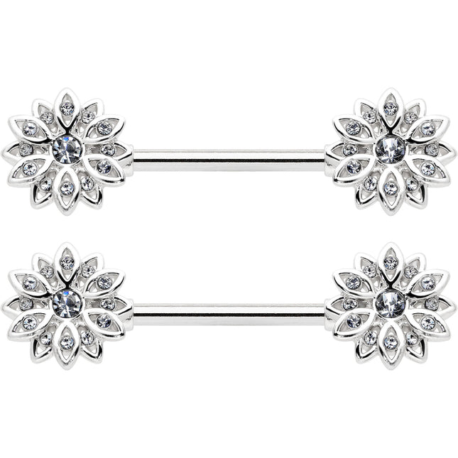 14G 9/16 Clear Gem Rococo Starry Flower Barbell Nipple Ring Set