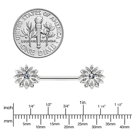 14G 9/16 Clear Gem Rococo Starry Flower Barbell Nipple Ring Set