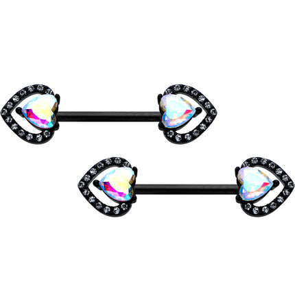14 G 9/16 Aurora Gem Black Rococo Heart Barbell Nipple Ring Set