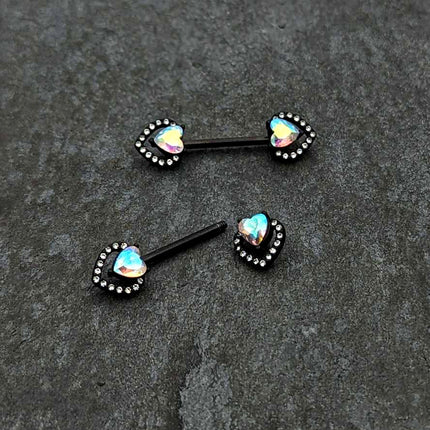 14 G 9/16 Aurora Gem Black Rococo Heart Barbell Nipple Ring Set