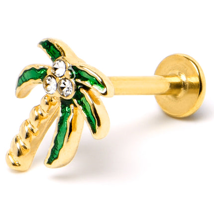 16G 5/16 Clear Gem Gold Tone Palm Tree Style Labret Monroe Tragus