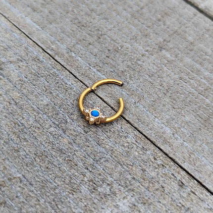 16G 3/8 Blue Synthetic Opal Gold Hue Rhombus Hinged Segment Ring