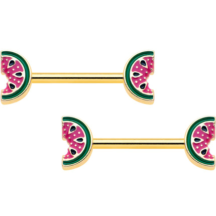 14G 9/16 Gold Tone Watermelon Bite Barbell Nipple Ring Set
