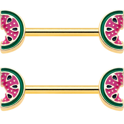 14G 9/16 Gold Tone Watermelon Bite Barbell Nipple Ring Set