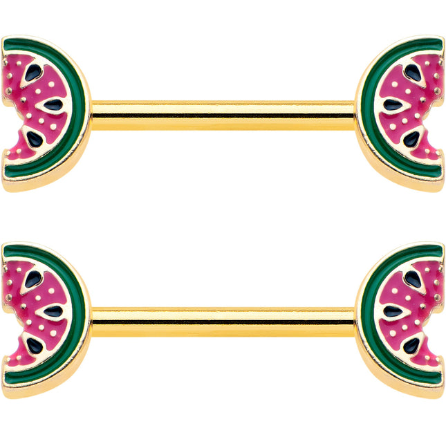 14G 9/16 Gold Tone Watermelon Bite Barbell Nipple Ring Set