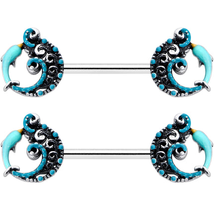 14G 9/16 Leaping Blue Dolphin Barbell Nipple Ring Set