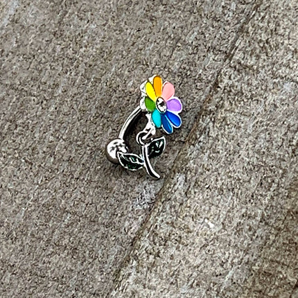 Clear Gem Rainbow Pride Flower Top Mount Dangle Belly Ring