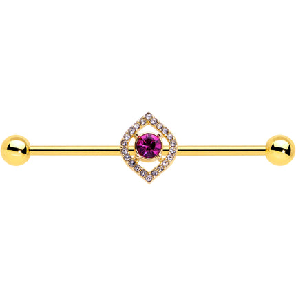 14G Clear Pink Gem Gold Tone Open Eye Industrial Barbell 38mm