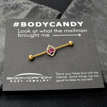 14G Clear Pink Gem Gold Tone Open Eye Industrial Barbell 38mm