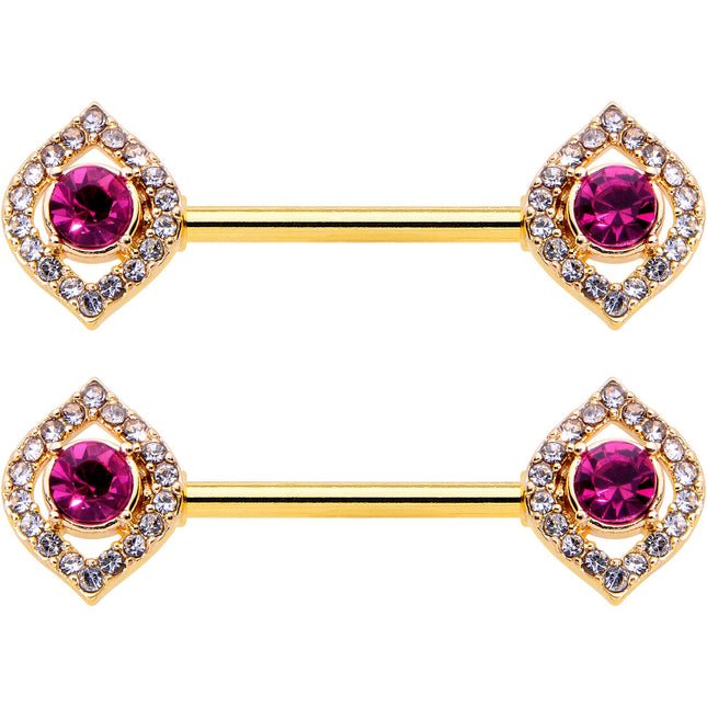 14G 9/16 Clear Pink Gem Gold Tone Open Eye Barbell Nipple Ring Set