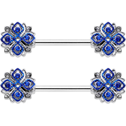 14G 9/16 Clear Blue Gem Embellished Cross Barbell Nipple Ring Set