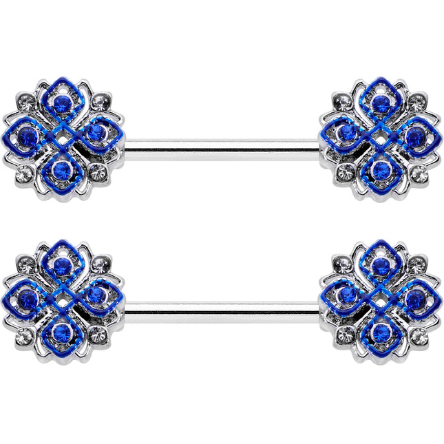 14G 9/16 Clear Blue Gem Embellished Cross Barbell Nipple Ring Set
