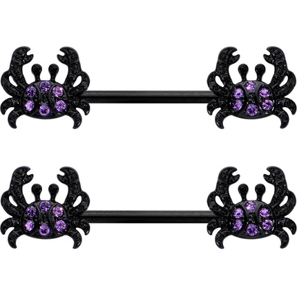 14G 9/16 Purple Gem Black Chic Crab Barbell Nipple Ring Set