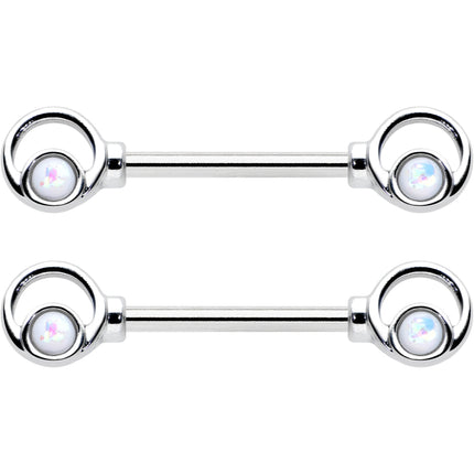 14G 1/2 White Faux Opal Double Circle Barbell Nipple Ring Set