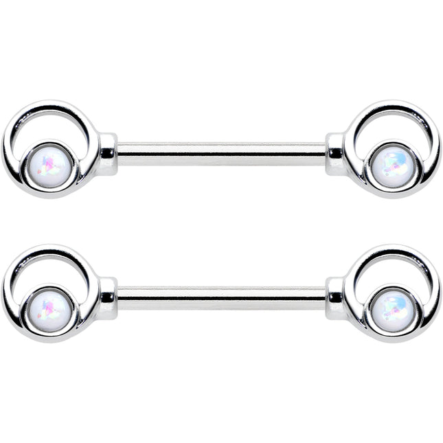 14G 1/2 White Faux Opal Double Circle Barbell Nipple Ring Set