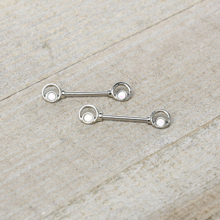 14G 1/2 White Faux Opal Double Circle Barbell Nipple Ring Set