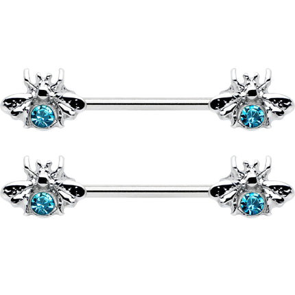 14G 9/16 Blue Gem Bee Beautiful Insect Barbell Nipple Ring Set