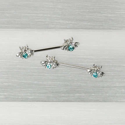 14G 9/16 Blue Gem Bee Beautiful Insect Barbell Nipple Ring Set
