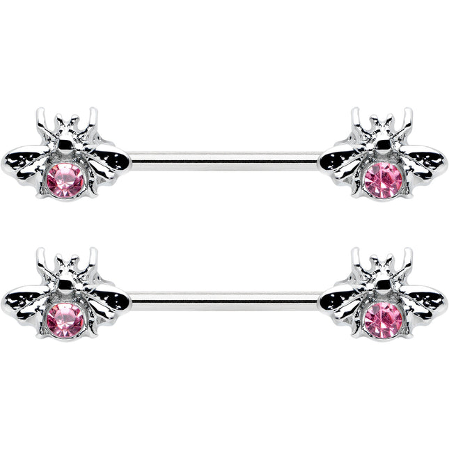 14G 9/16 Pink Gem Bee Beautiful Insect Barbell Nipple Ring Set