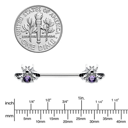 14G 9/16 Purple Gem Bee Beautiful Insect Barbell Nipple Ring Set