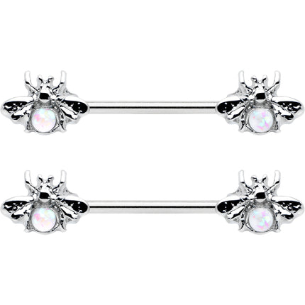 14G 9/16 White Faux Opal Bee Beauty Insect Barbell Nipple Ring Set