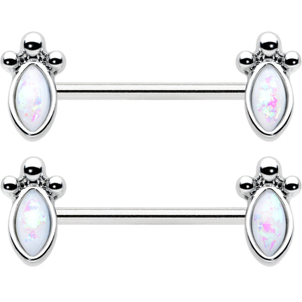 14G 9/16 White Faux Opal Deco Ovals Barbell Nipple Ring Set