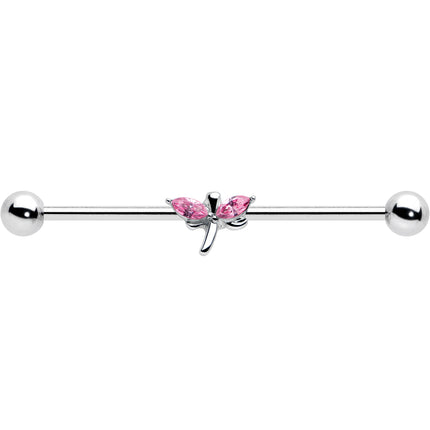 14G Pink Gem Simple Stylized Dragonfly Industrial Barbell 38mm