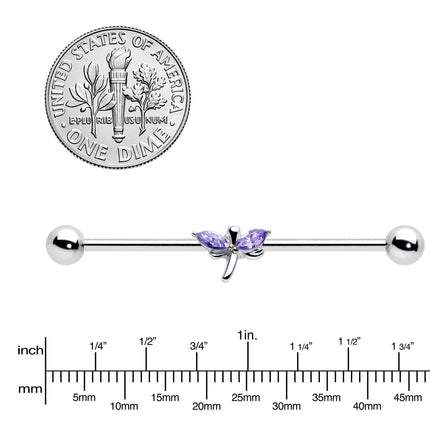 14G Purple Gem Simple Stylized Dragonfly Industrial Barbell 38mm