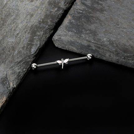 14G White Faux Opal Simple Style Dragonfly Industrial Barbell 38mm