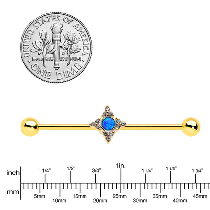 14G Blue Synthetic Opal Gold Tone Rhombus Industrial Barbell 38mm