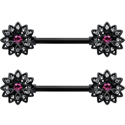 14G 9/16 Clear Gem Black Midnight Flower Barbell Nipple Ring Set