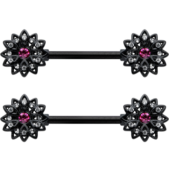 14G 9/16 Clear Gem Black Midnight Flower Barbell Nipple Ring Set