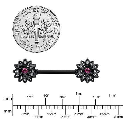 14G 9/16 Clear Gem Black Midnight Flower Barbell Nipple Ring Set