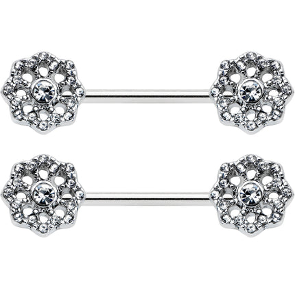 14G 9/16 Clear Gem Epic Fabulous Flower Barbell Nipple Ring Set