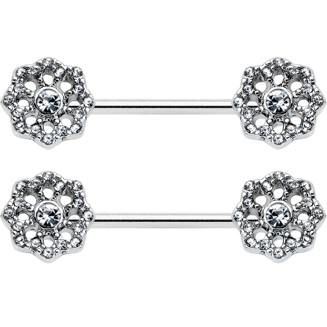 14G 9/16 Clear Gem Epic Fabulous Flower Barbell Nipple Ring Set