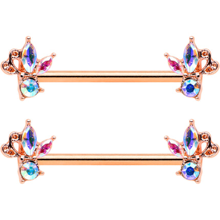 14G 5/8 Aurora CZ Gem Rosy Hue Fleur de Lis Butterfly Barbell Nipple Ring Set