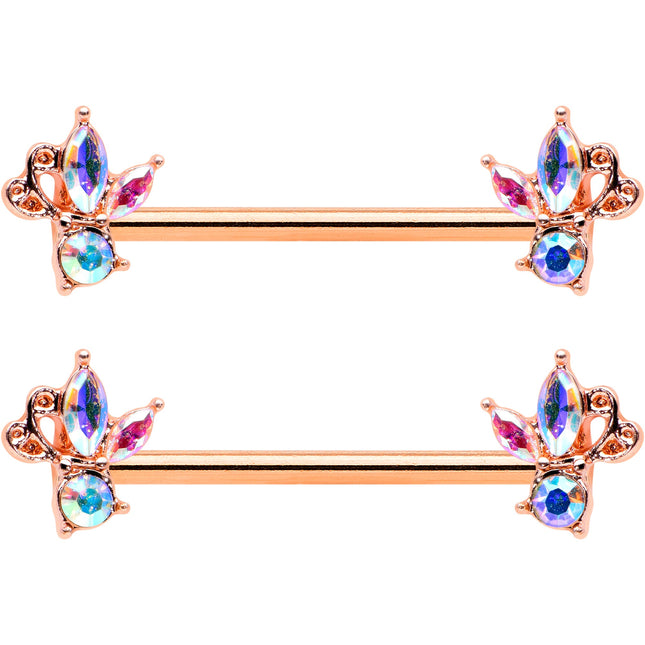 14G 5/8 Aurora CZ Gem Rosy Hue Fleur de Lis Butterfly Barbell Nipple Ring Set