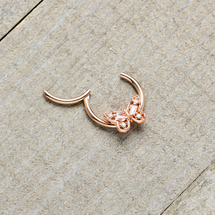 16G 3/8 Clear Gem Rosy Tone Baroque Butterfly Hinged Segment Ring