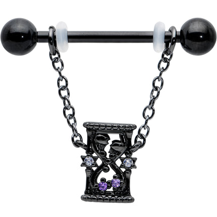 14G 5/8 Purple Gem Black Goth Hourglass Chain Dangle Nipple Ring Set