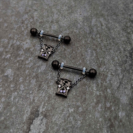 14G 5/8 Purple Gem Black Goth Hourglass Chain Dangle Nipple Ring Set